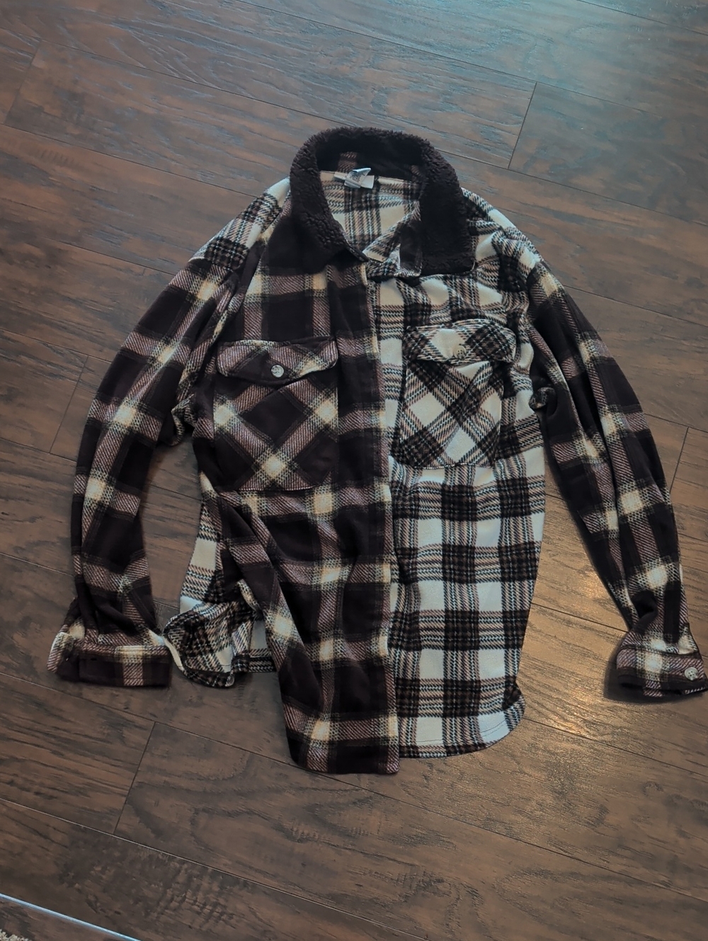 Plaid Sherpa-Collar Shirt Jacket - Brown & Cream